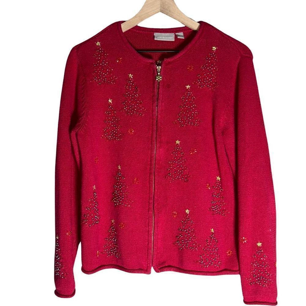 Vintage Croft & Barrow Red Cardigan Sweater with Beaded Christmas Trees - Size S